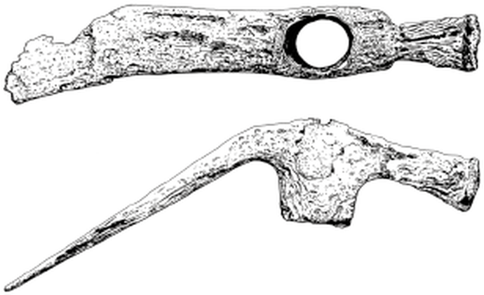 Zeichnung eines römischen Werkzeugs: Dechsel und Hammer aus Eisen.