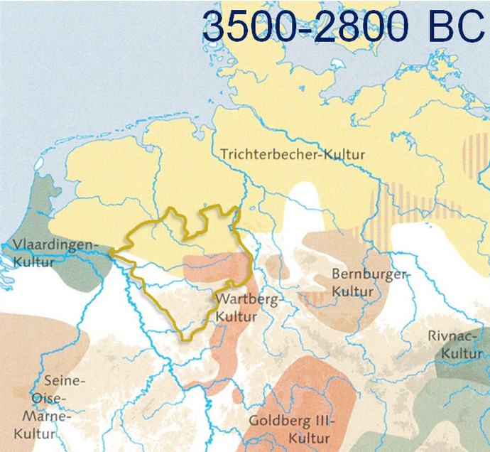 Verbreitung der Trichterbecherkultur und der Wartbergkultur im heutigen Westfalen. Bild: Nach Raetzel Fabian 2000²