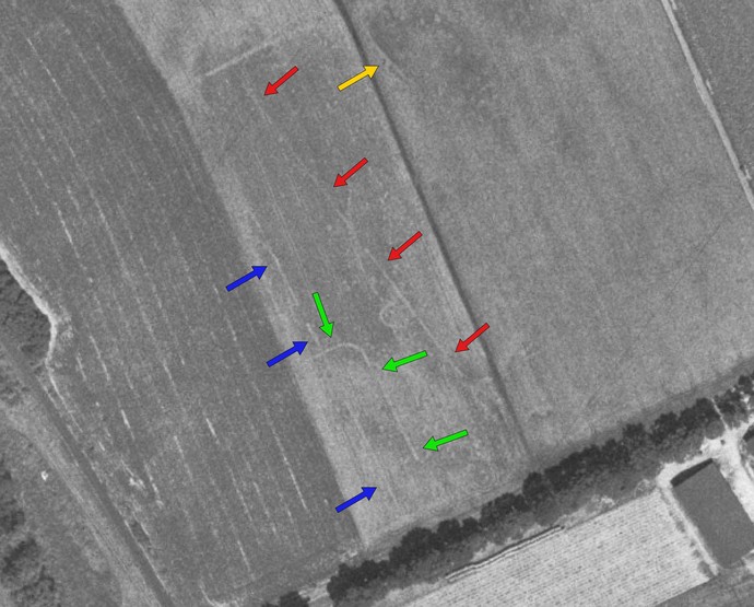 Übungslager bei Aspen im Luftbild. Markiert sind die angelegten Gräben. Die verschiedenen Farben stehen für unterschiedliche Anlagen.