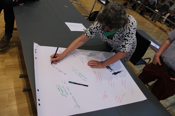 Eine Frau beschreibt ein Flip-Chart beim Welt-Café beim Kick-Off-Workshop.