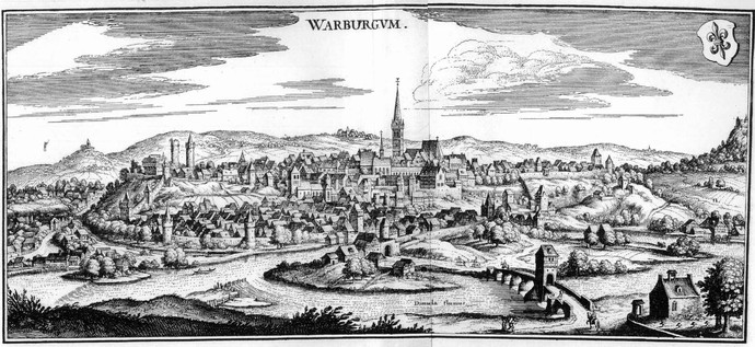 Matthäus Merian: Ansicht von Warburg. Aus der Topographia Westphaliae,1647.