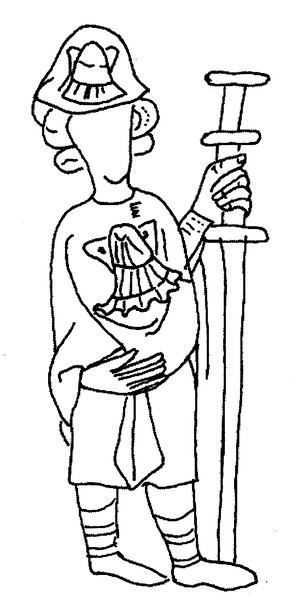 Jakobspilger mit Muschel an Kleidung und Hut sowie Pilgerstab aus dem Sachsenspiegel.